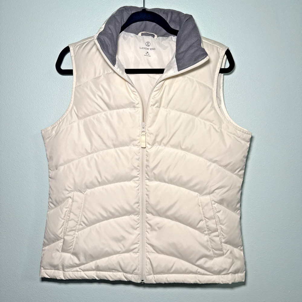 Lands End Puffer Vest Cream White Quilted‎ Zip Up Full Zip Sleeveless Women's M